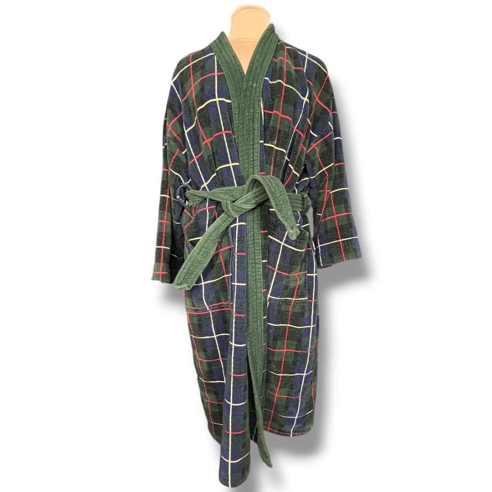 Vintage Men's Plaid Cotton Terry Cloth Bathrobe Green Navy Red One Size Heritage